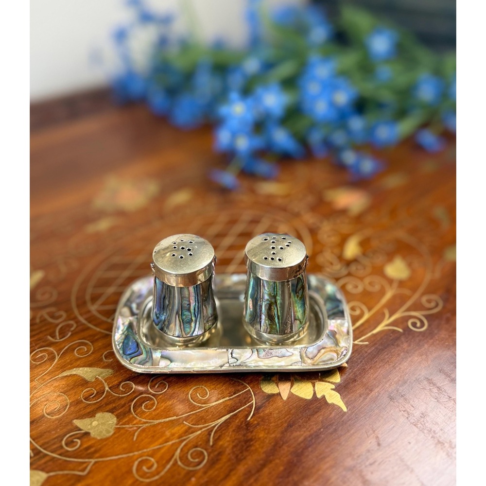 Vintage Mexican Alpaca Silver Abalone Salt & Pepper Shakers with Tray
